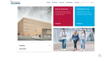 Newsbereich der Hochschule Esslingen mit einer Visualisierung des Campus-Neubaus und aktuellen Meldungen