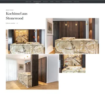 Referenz von Dross&Schaffer zu einer Kochinsel aus Stonewood mit Marmoroberfläche und dunkler Holzwand