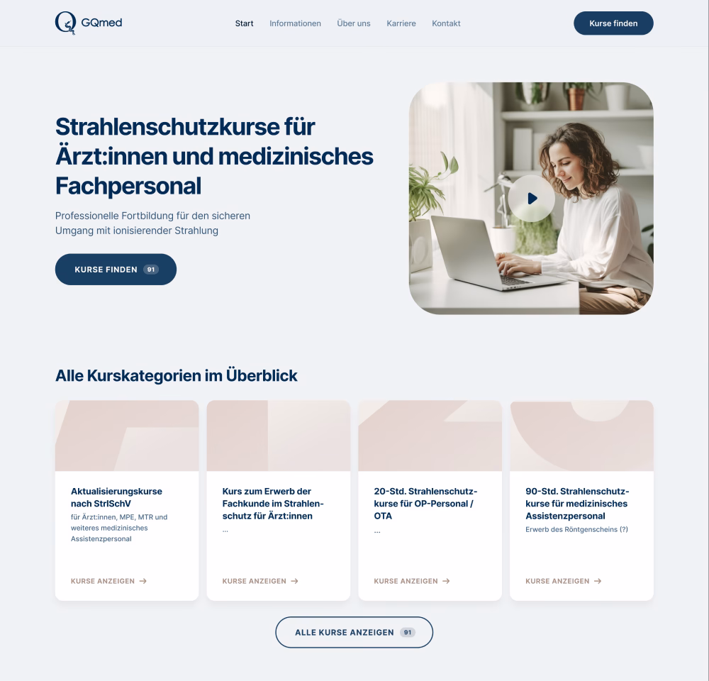 Startseite von GQmed mit Strahlenschutzkursen für medizinisches Fachpersonal und einer Übersicht der Kurskategorien