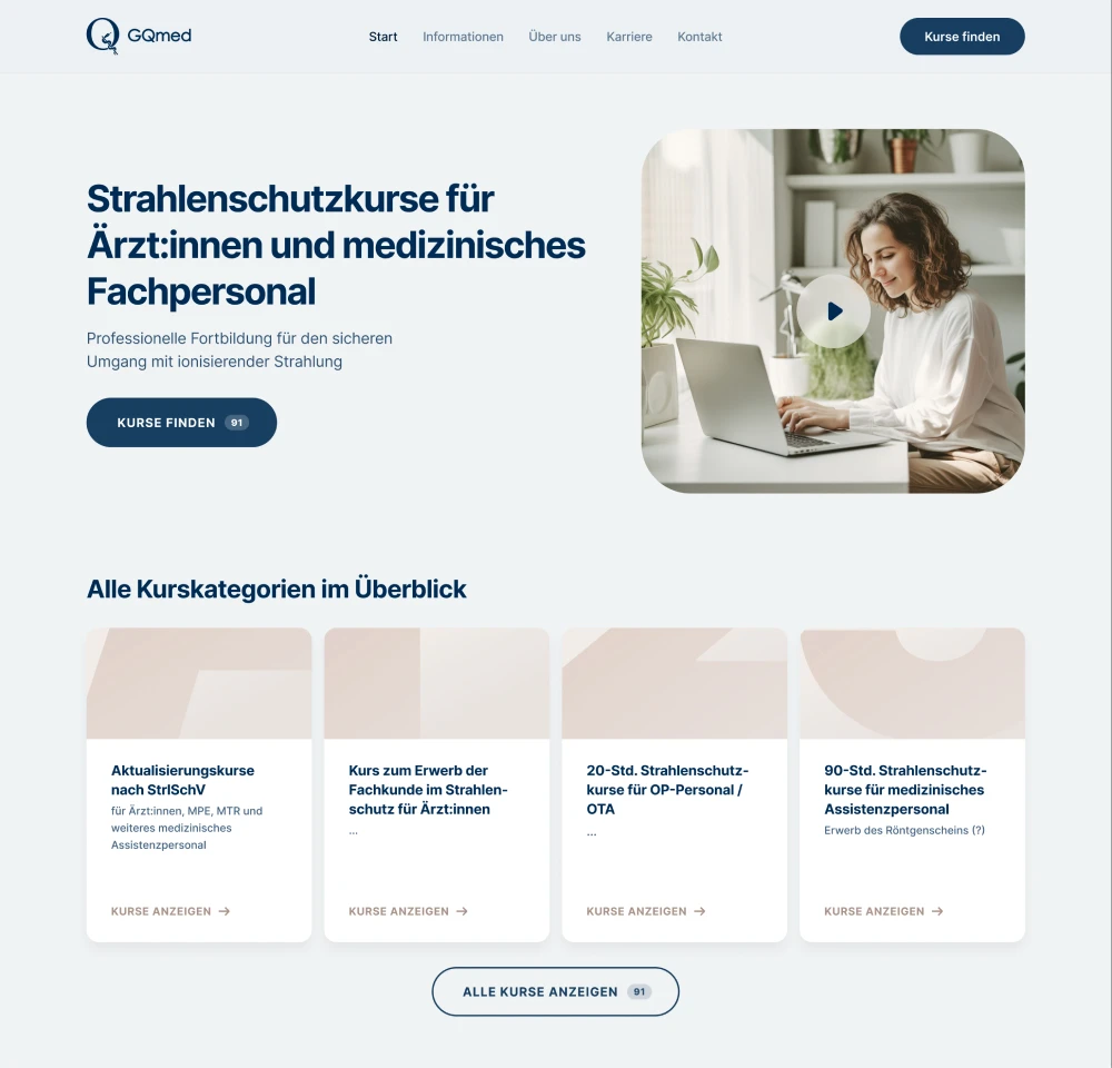 Startseite von GQmed mit Strahlenschutzkursen für medizinisches Fachpersonal und einer Übersicht der Kurskategorien