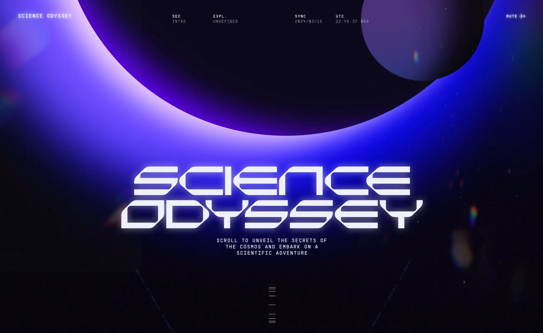 Startseite der Web-Experience „Science Odyssey“ mit leuchtendem violettem Planeten und großer Titeltypografie