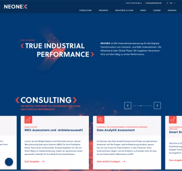 Startseite der Unternehmensberatung NEONEX mit dem Claim „True Industrial Performance“ und den Consulting-Angeboten