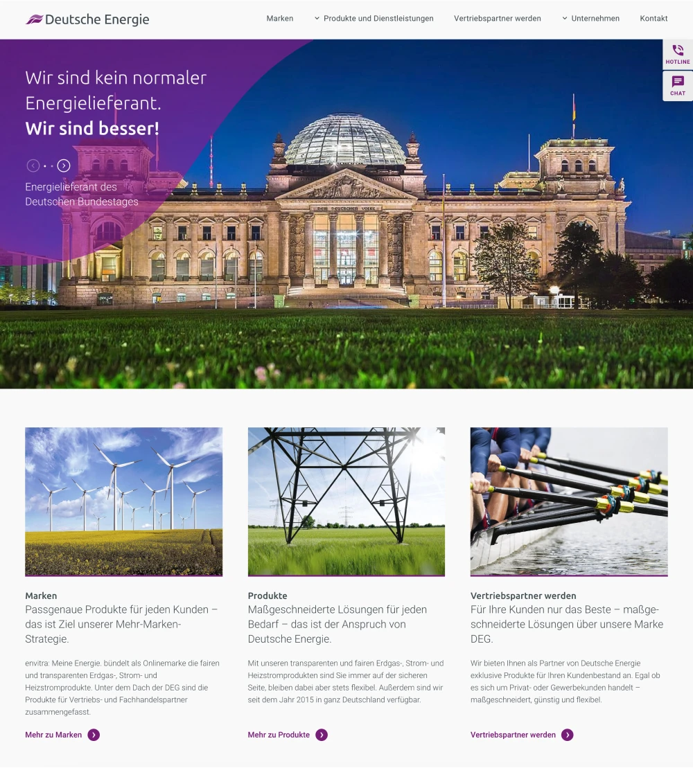 Startseite der Deutschen Energie mit dem Reichstag im Titelbild und den Bereichen Marken, Produkte und Vertriebspartner