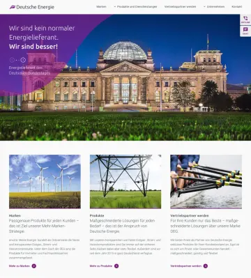 Startseite der Deutschen Energie mit dem Reichstag im Titelbild und den Bereichen Marken, Produkte und Vertriebspartner
