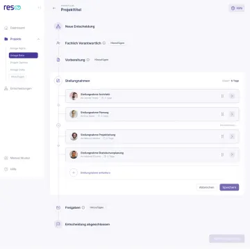 Projektansicht der Bausoftware resoo mit einem Entscheidungs-Workflow und Stellungnahmen von Architekt, Planung und Brandschutz