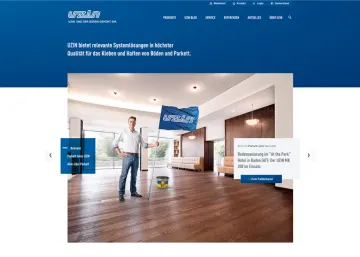 Startseite von Uzin zu Systemlösungen für das Verlegen von Böden und Parkett, Handwerker in einem frisch verlegten Raum