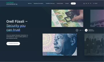 Startseite von Orell Füssli Sicherheitsdruck mit dem Claim „Security you can trust“ und Motiven gedruckter Banknoten