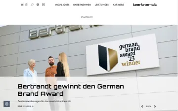 Startseite von Bertrandt mit der Meldung zum Gewinn des German Brand Award vor dem Firmengebäude
