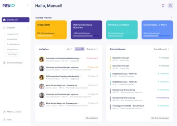 Dashboard der Bausoftware resoo mit vier laufenden Bauprojekten und Listen offener Aufgaben und Entscheidungen