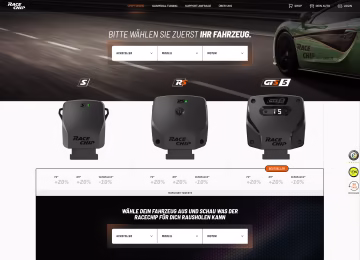 Chiptuning-Seite von RaceChip mit den Tuningboxen S, RS und GTS 5 und ihren Leistungswerten im Vergleich