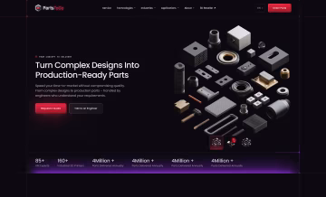 Startseite von PartsToGo mit dem Claim „Turn Complex Designs Into Production-Ready Parts“ und 3D-gedruckten Bauteilen
