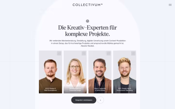 Startseite des Kreativnetzwerks Collectivum mit dem Claim „Die Kreativ-Experten für komplexe Projekte“ und vier Porträts