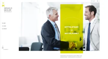 Startseite der Kanzlei Menold Bezler mit dem Schwerpunkt „Mittelstand im Mittelpunkt“ und einem Handschlag zweier Berater