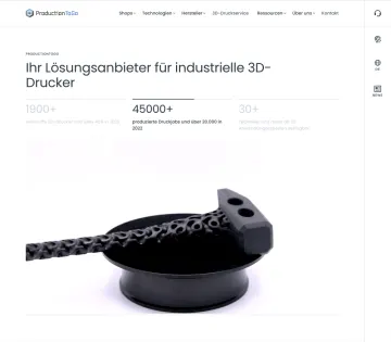 Startseite von ProductionToGo für industrielle 3D-Drucker mit Kennzahlen und einem gedruckten Metallbauteil