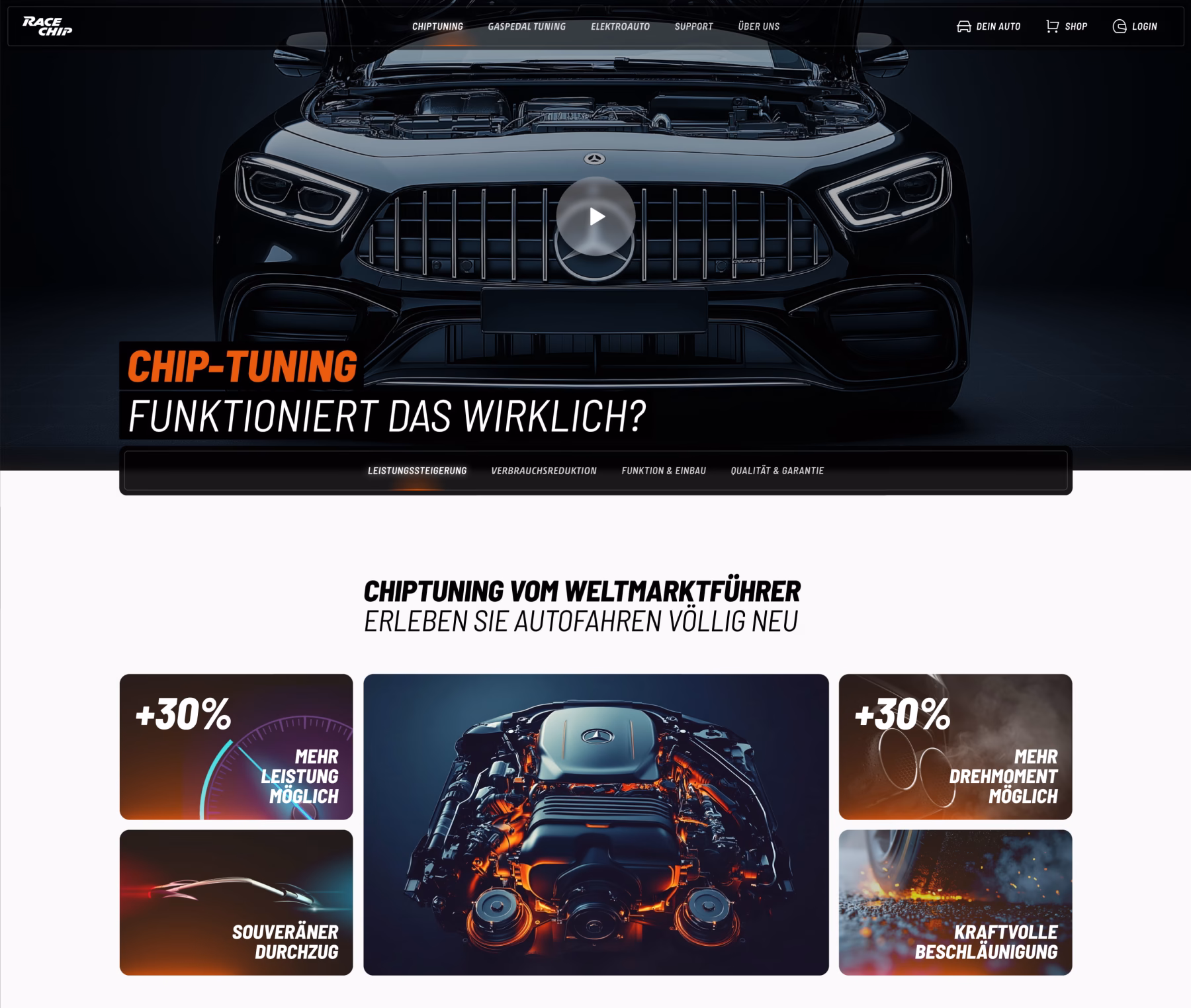 RaceChip-Seite „Chip-Tuning – funktioniert das wirklich?“ mit Fahrzeugfront, Videobutton und Kacheln zu Leistung und Drehmoment