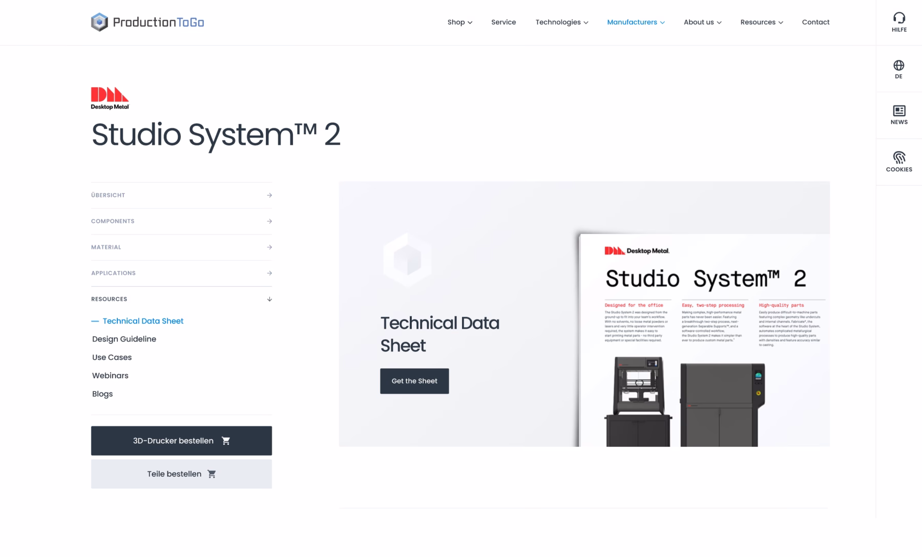 Produktseite von ProductionToGo zum Desktop Metal Studio System 2 mit Navigation und Download des Datenblatts
