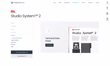 Produktseite von ProductionToGo zum Desktop Metal Studio System 2 mit Navigation und Download des Datenblatts