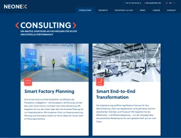 Consulting-Seite von NEONEX mit den Leistungen Smart Factory Planning und Smart End-to-End Transformation
