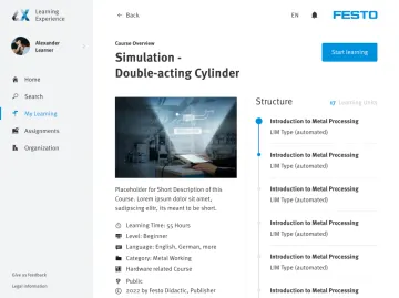 Kursübersicht in Festo LX zur Simulation eines doppeltwirkenden Zylinders mit siebzehn Lerneinheiten