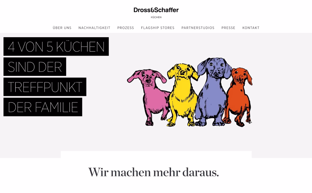 Startseite von Dross&Schaffer Küchen mit dem Claim „4 von 5 Küchen sind der Treffpunkt der Familie“ und vier farbigen Dackel-Illustrationen