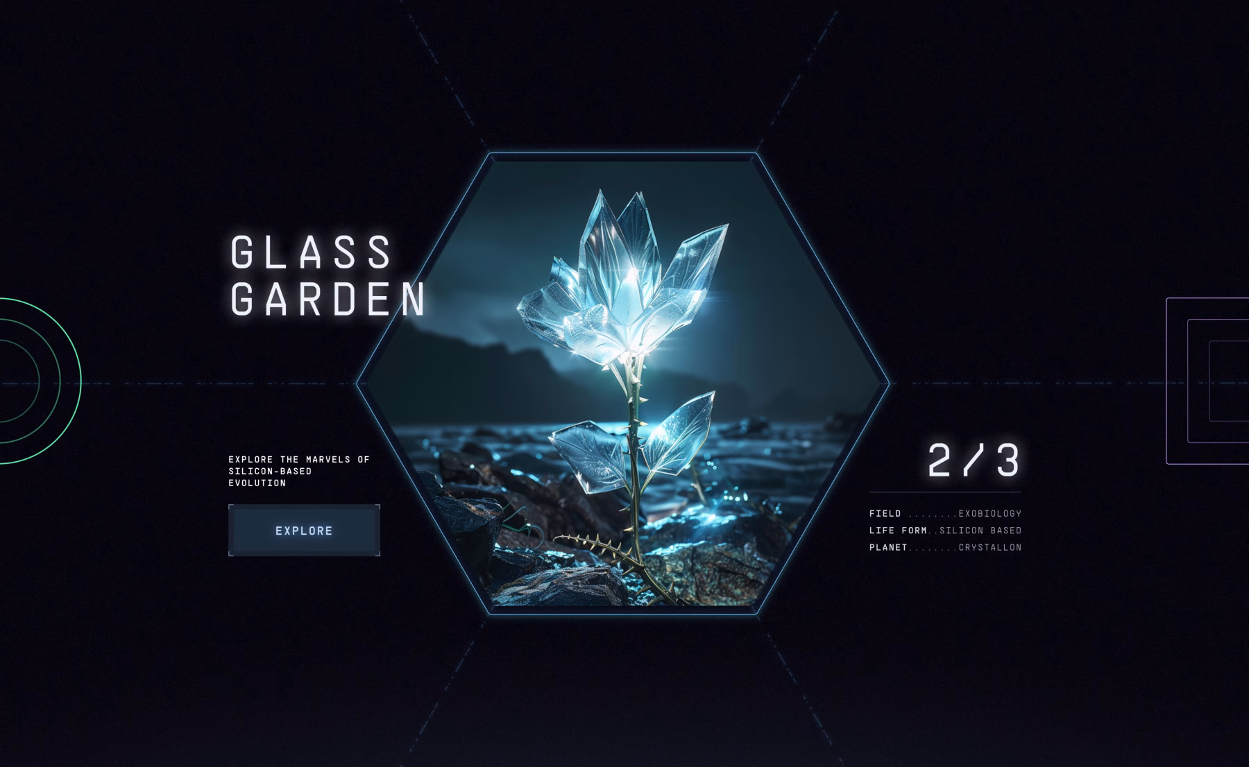Seite „Glass Garden“ der Web-Experience Science Odyssey mit leuchtender Kristallblume in einem sechseckigen Rahmen