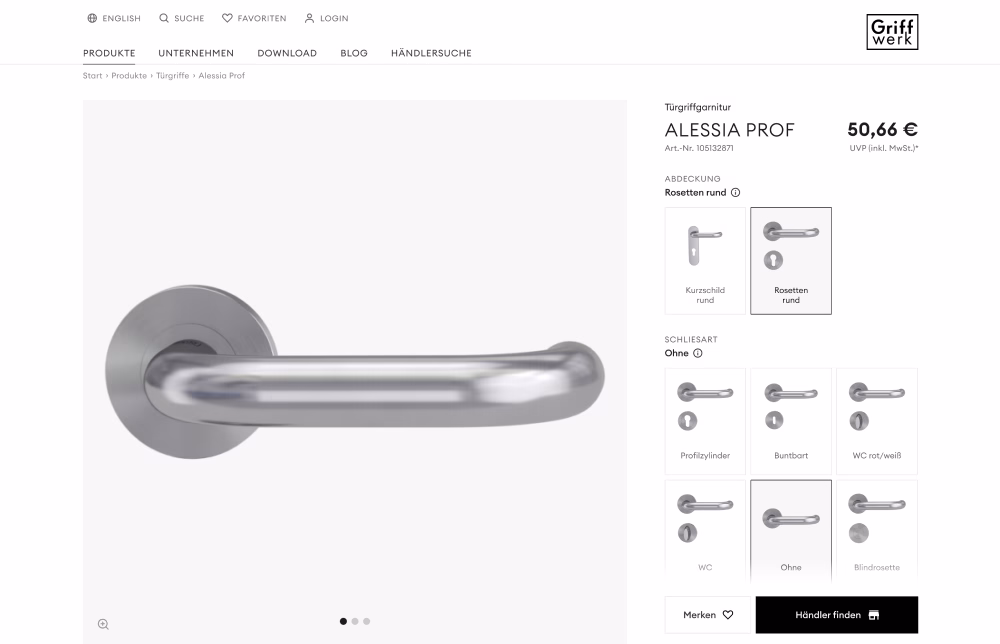 Produktseite von Griffwerk für den Türgriff Alessia Prof mit Preis und Auswahl von Rosetten- und Schlüsselvarianten