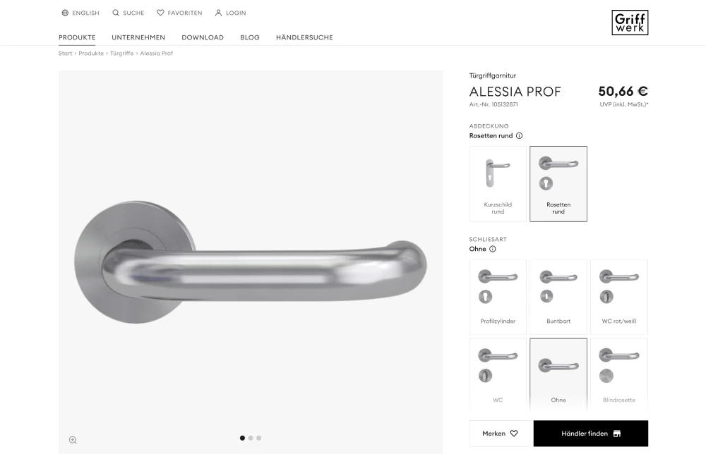 Produktseite von Griffwerk für den Türgriff Alessia Prof mit Preis und Auswahl von Rosetten- und Schlüsselvarianten