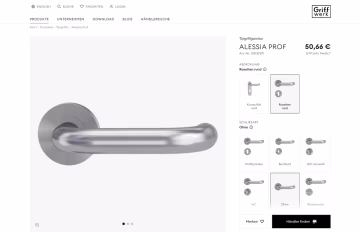 Produktseite von Griffwerk für den Türgriff Alessia Prof mit Preis und Auswahl von Rosetten- und Schlüsselvarianten