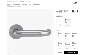 Produktseite von Griffwerk für den Türgriff Alessia Prof mit Preis und Auswahl von Rosetten- und Schlüsselvarianten