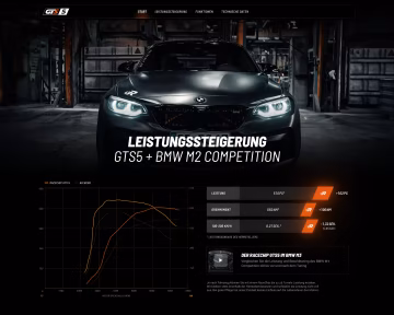 Produktseite des RaceChip GTS 5 mit BMW M2 Competition in einer Halle und Leistungsdiagramm gegenüber dem Serienzustand