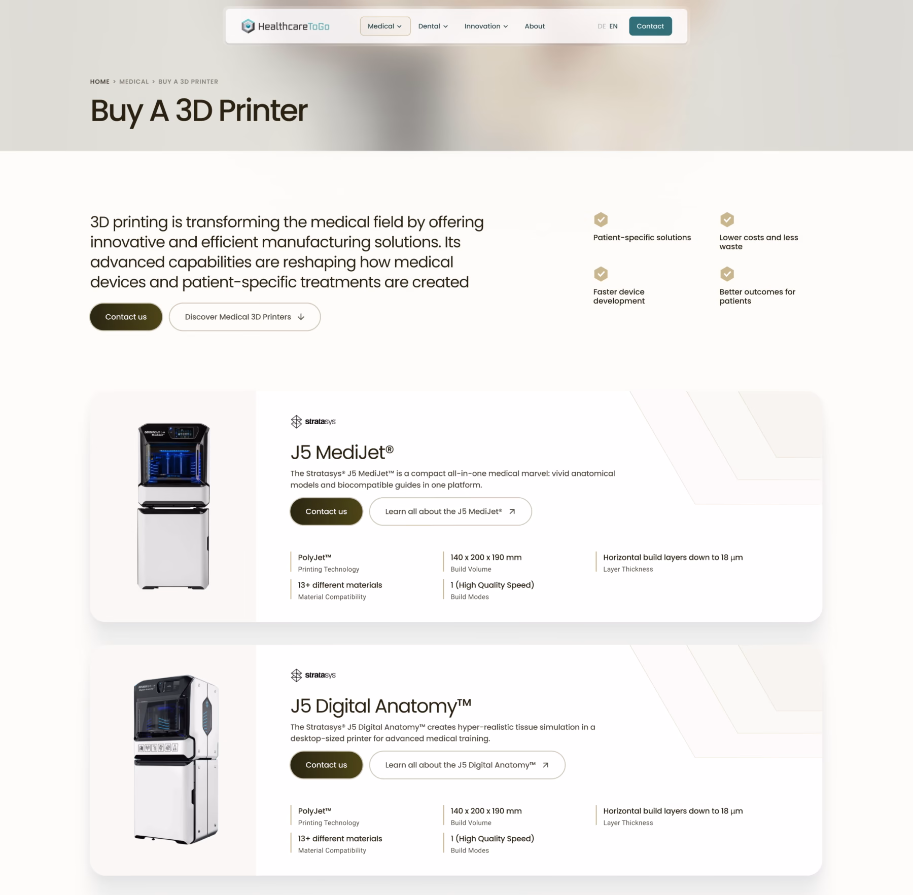 Seite „Buy A 3D Printer“ von HealthcareToGo mit den medizinischen 3D-Druckern Stratasys J5 MediJet und J5 Digital Anatomy