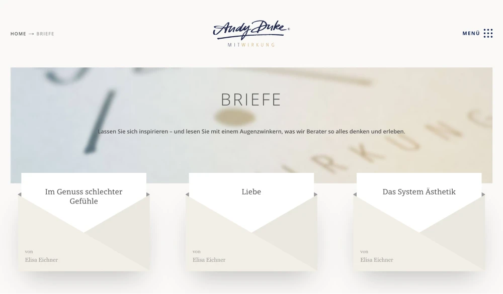 Briefe-Rubrik von Andy Dirke mit drei Beiträgen, dargestellt als aufklappbare Kuverts